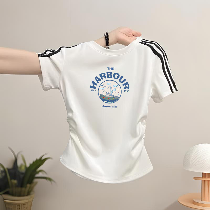 女童短袖2026新款夏季T恤儿童收腰修身短款卡通印花韩式圆领上衣