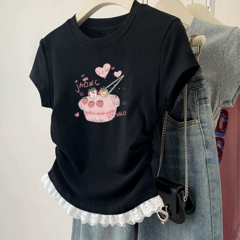 女童纯棉短袖T恤2026新款夏季褶皱收腰中大童短款上衣粉色蝴蝶ins