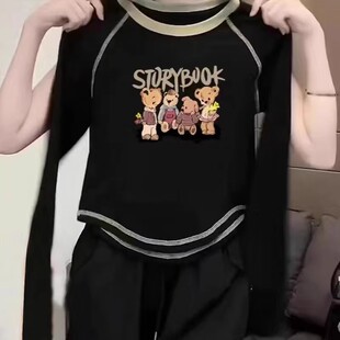 女童春装冬百搭纯棉上衣加绒撞色奥绒2025新款打底衫韩版修身t恤