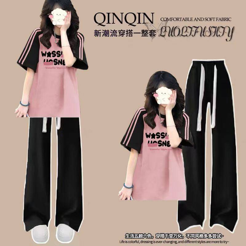 夏季2026新款女童休闲套装中大童三条杠短袖T恤运动阔腿裤两件套