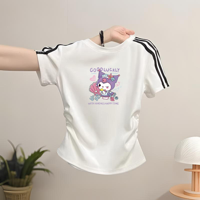 女童2026年新款夏季纯棉三条杠短袖T恤褶皱收腰休闲短款儿童上衣