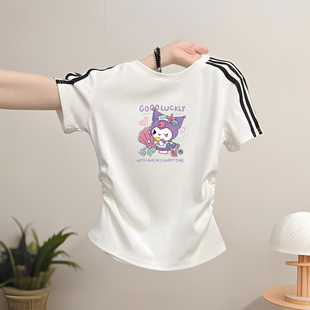 女童2026年新款夏季纯棉三条杠短袖T恤褶皱收腰休闲短款儿童上衣