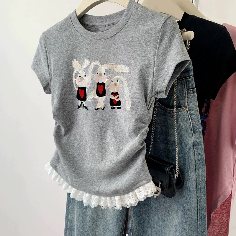 女童T恤2026年新款纯棉短袖夏季蕾丝收腰短款修身休闲风儿童上衣