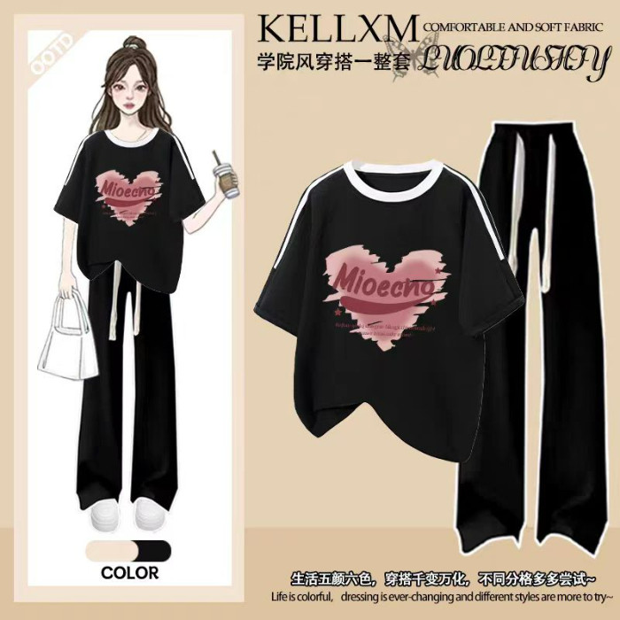 女童2026夏季新款纯棉运动套装两件套短袖T恤中大童休闲风阔腿裤