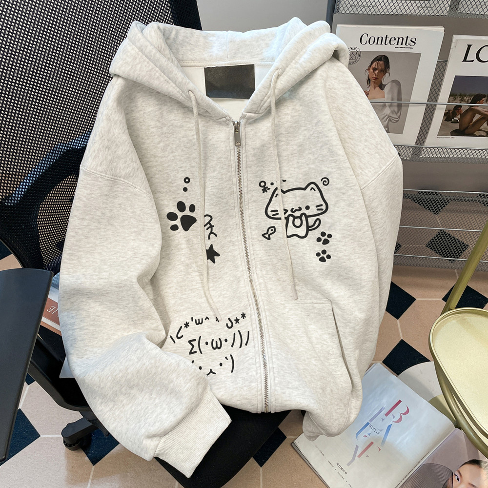 女童春秋装可爱猫咪拉链宽松外套上衣秋冬季加绒儿童连帽开衫卫衣