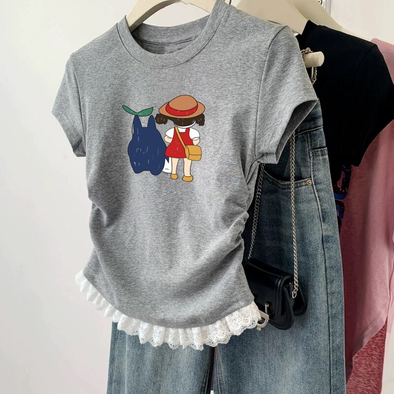 女童纯棉短袖2026新款夏季T恤儿童褶皱收腰薄款短款修身女孩上衣