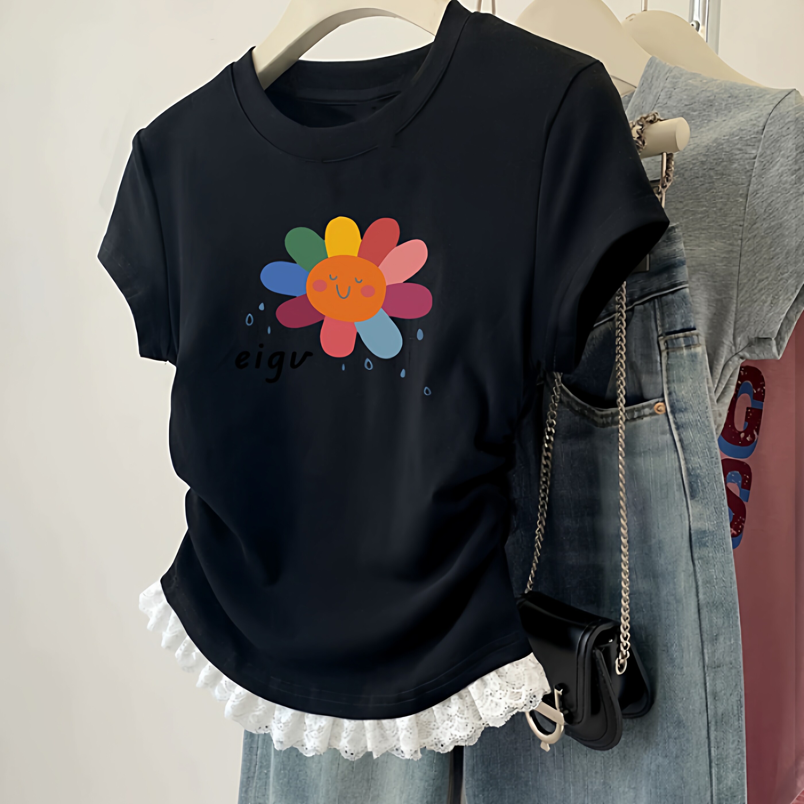 女童纯棉短袖2026新款夏季儿童褶皱蕾丝收腰T恤薄款短款修身上衣