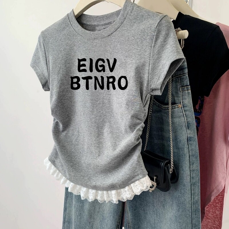 女童夏季T恤2026新款纯棉短袖儿童褶皱收腰薄款短款修身女孩上衣