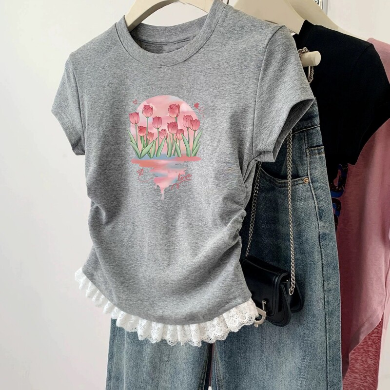 2026新款女童夏季纯棉T恤短袖儿童褶皱收腰印花短款修身圆领上衣