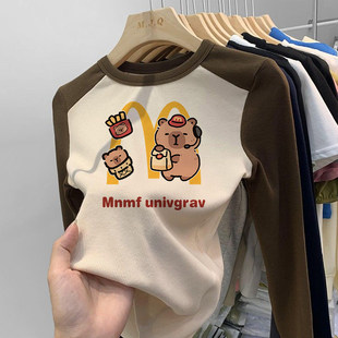 女童莫代尔纯棉打底衫卡通印花春秋冬长袖修身上衣插肩袖撞色T恤