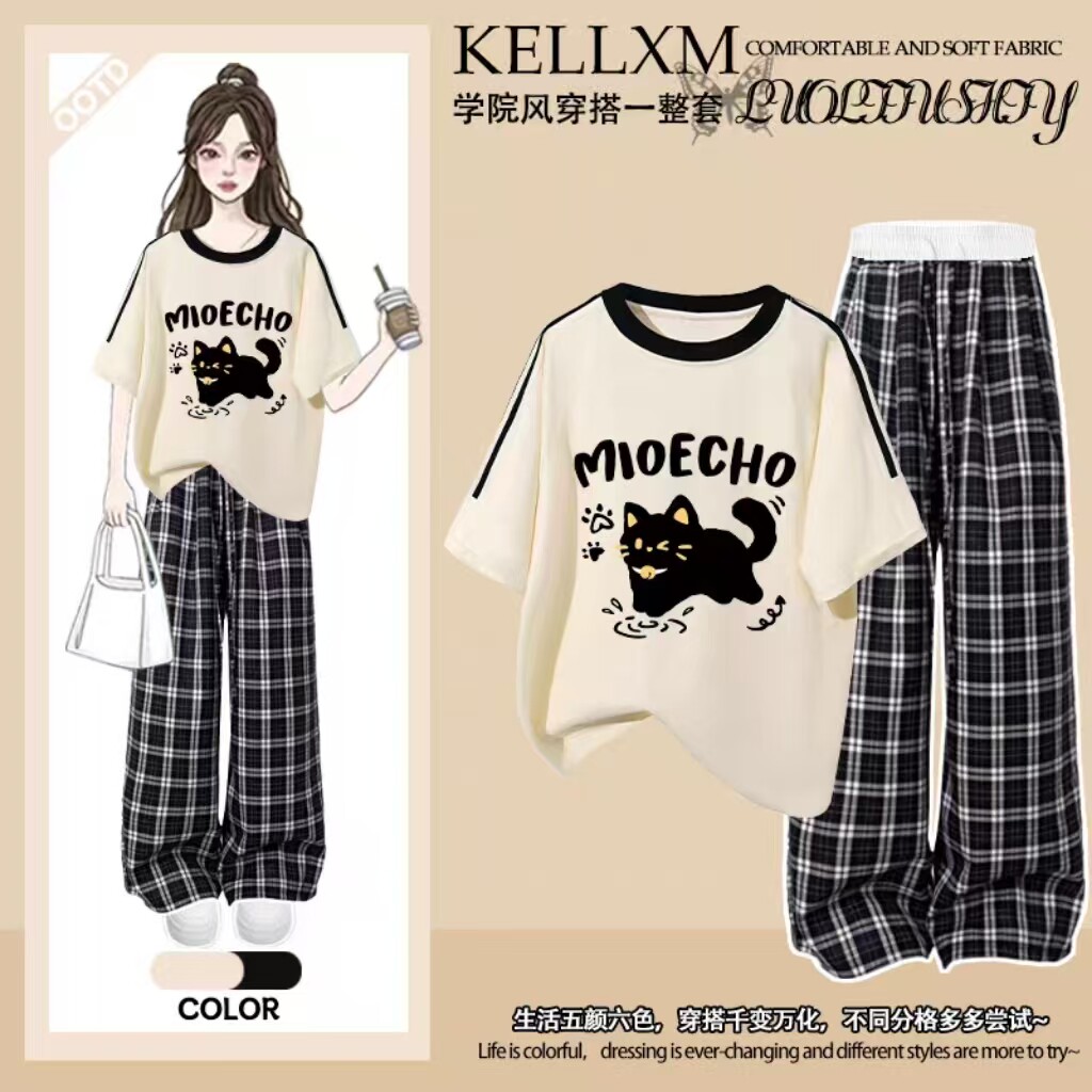 女童两件套2026年夏季新款纯棉短袖t恤套装休闲长裤中大童阔腿裤