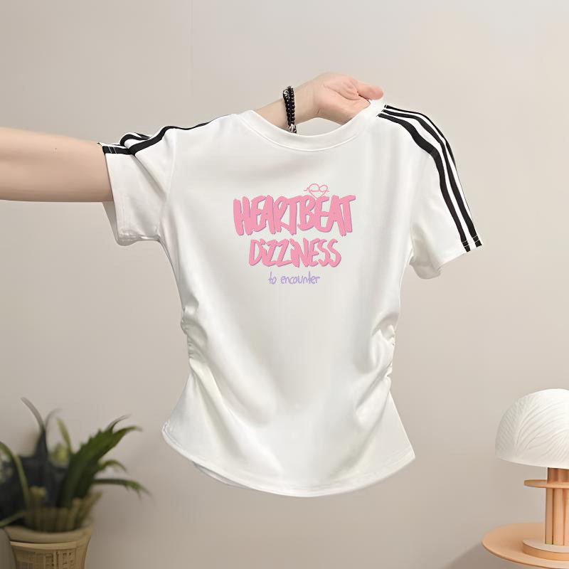 女童2026新款夏季短袖圆领T恤儿童收腰修身短款韩式字母图案上衣