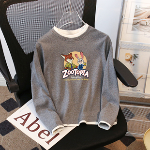 中大儿童上衣2026春秋新款纯棉女童长袖T恤修身假两件套头打底衫