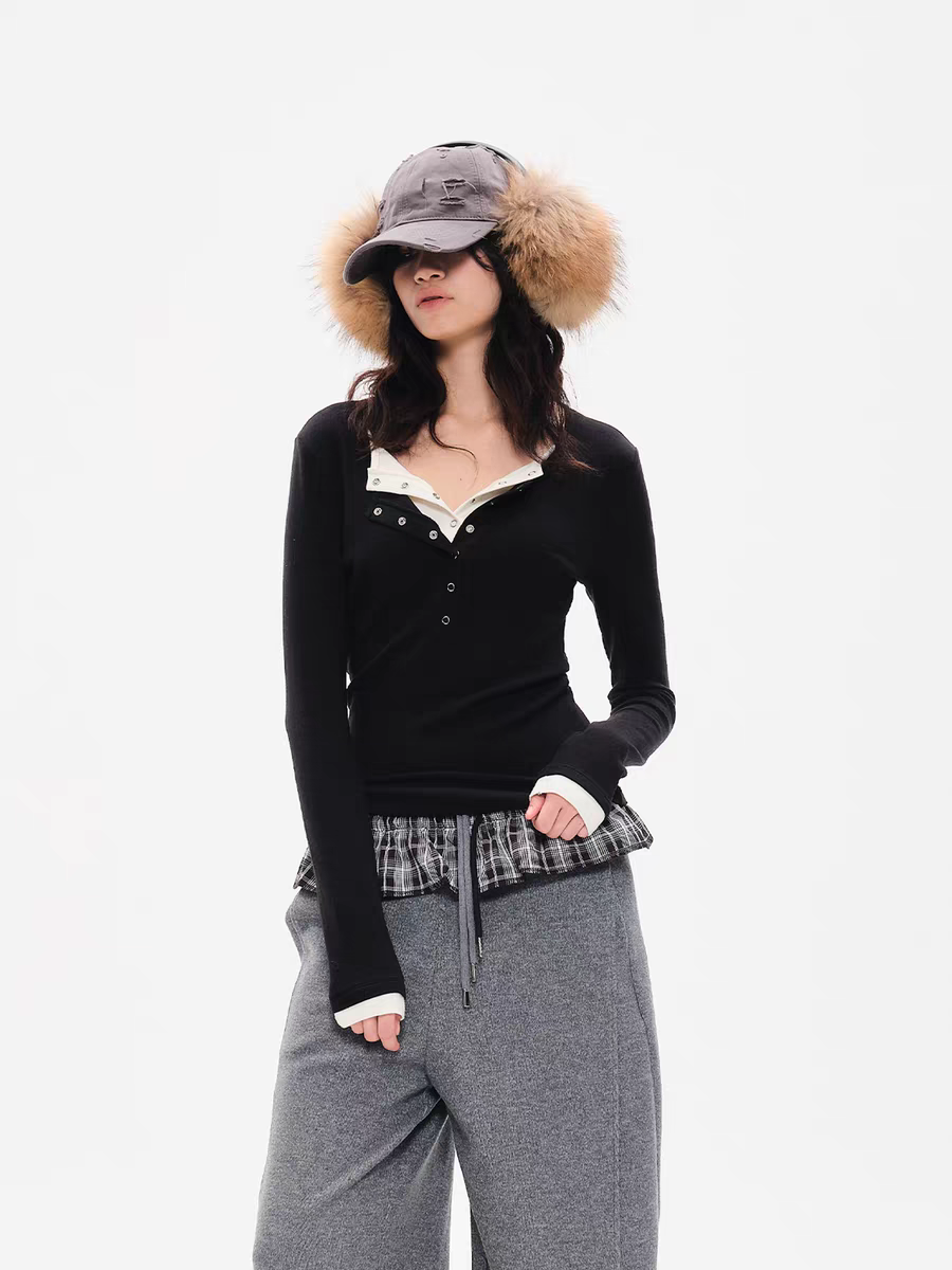 MIMBLANCHE修身百搭长袖撞色假两件亨利衫上衣女款女