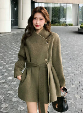 羊毛呢子外套女秋冬韩系赫本风小个子高级感气质收腰立领双面大衣