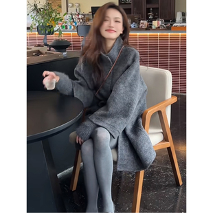 灰色双面羊绒大衣女款2025新款秋冬季高级感小个子立领羊毛呢外套