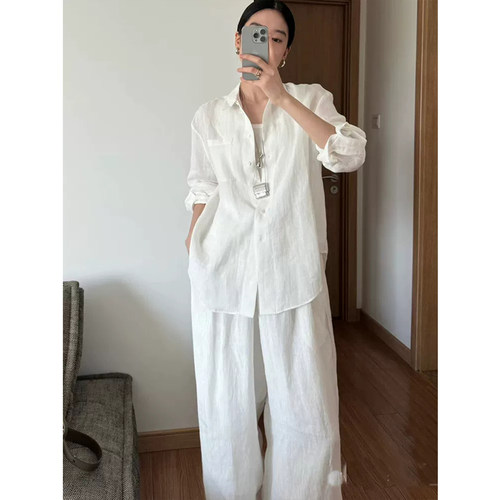 巨好看老钱风白色亚麻衬衫套装法式气质休闲阔腿裤子两件套女夏季