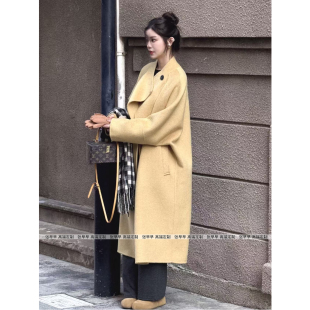 黄色高级感双面羊绒大衣女2025新款长款过膝气质韩系毛呢外套