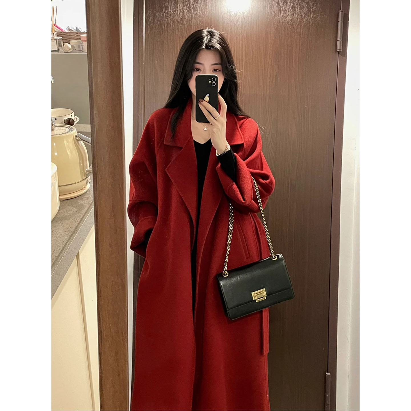 红色双面羊毛大衣女2026新款秋冬季气质收腰高级感中长款毛呢外套
