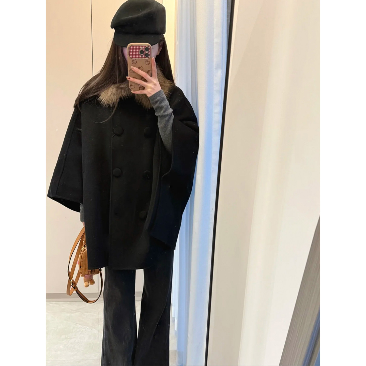 黑色斗篷羊毛呢子外套女秋冬赫本风小个子短款高级感毛领双面大衣