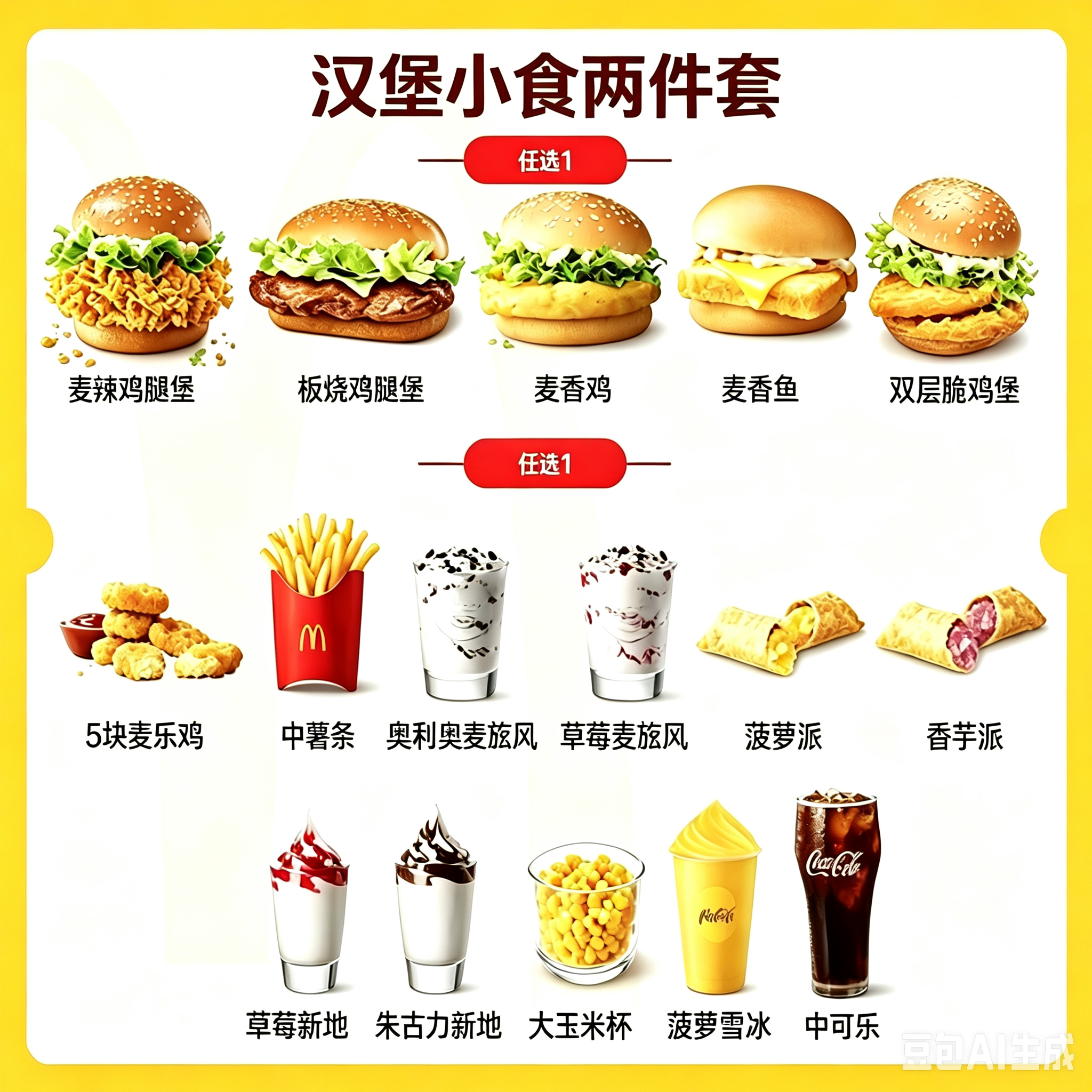 麦当劳代下单汉堡小食两件套自由拼板烧麦辣薯条鸡块全国通用