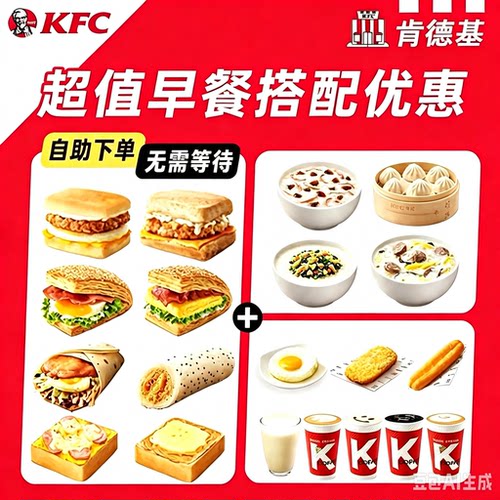 KFC肯德基早餐代下单优惠券鸡肉帕尼尼皮蛋粥薯饼大神卡咖啡通用