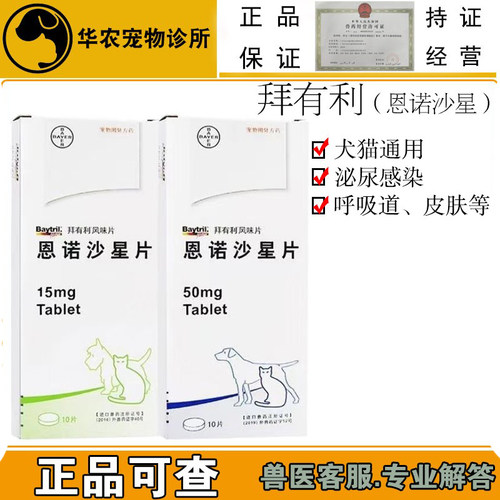 拜有利恩诺沙星犬猫通用宠物消炎片抗生素尿路感染感冒猫鼻支10粒