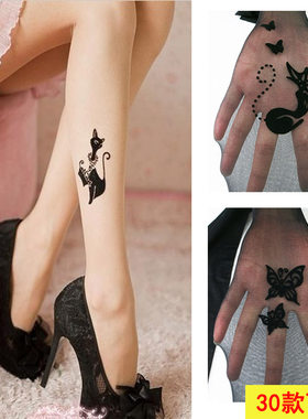 夏天假纹身刺青带图案透明连裤袜