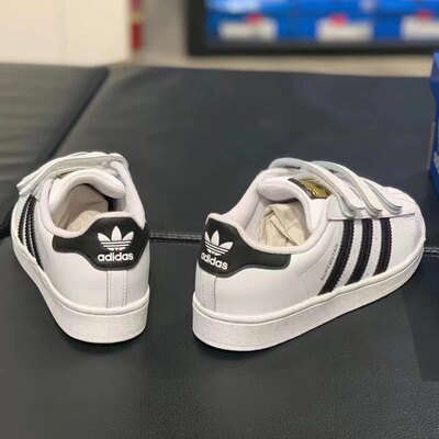 adidas阿迪达斯三叶草黑白金标贝壳头儿童运动魔术贴板鞋EF4838