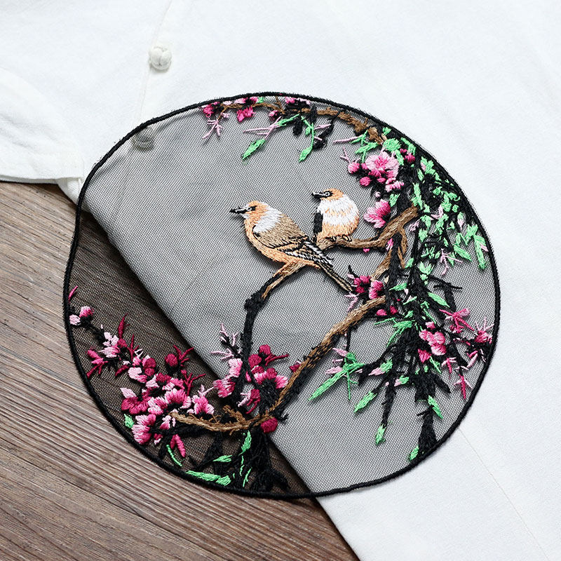 花鸟山水网绣中国风刺绣布贴衣服包包装饰圆形绣片修补无胶手缝款