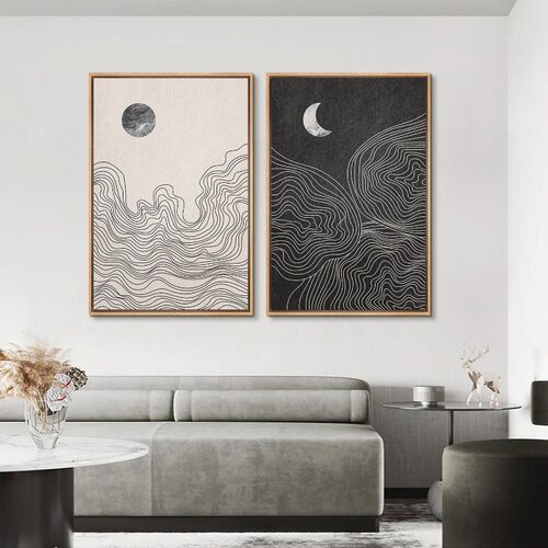 Neutral Boho Black White Sun Moon Abstract Poster Painting