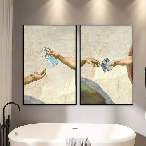 Retro Hand of God and Adam Funny Toilet Paper Canvas Poster