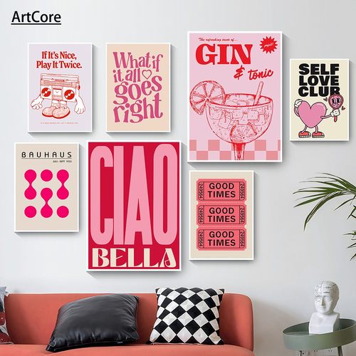 Simplicity Vintage Pink Cartoon Print Canvas Wall Art Poster