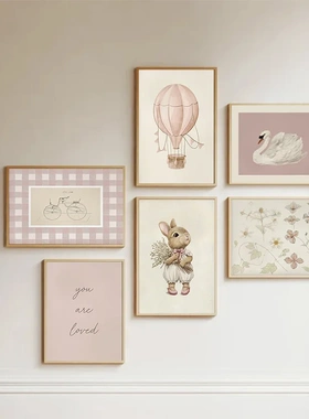 Pink Nursery Gallery Art Wall Poster Kids Room Swan Rabbit