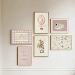 Pink Nursery Gallery Art Wall Poster Kids Room Swan Rabbit