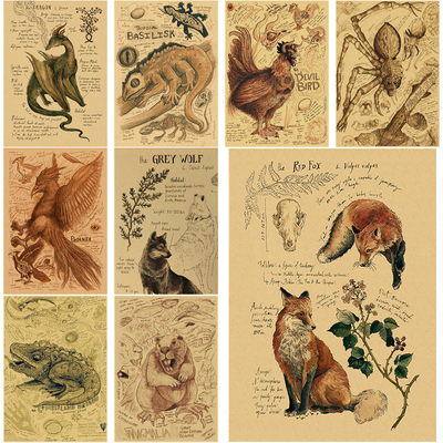 Retro Dragon//Fox/Dog/Wolf/Bird/Bear Poster Nostalgic Animal