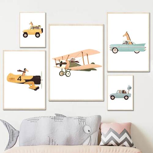 Safari Animals Airplane Cars Whimsical Nursery Art Posters
