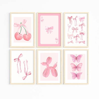 Trendy Pink Wall Art Bows Cherry Balloon Puppy Art Posters