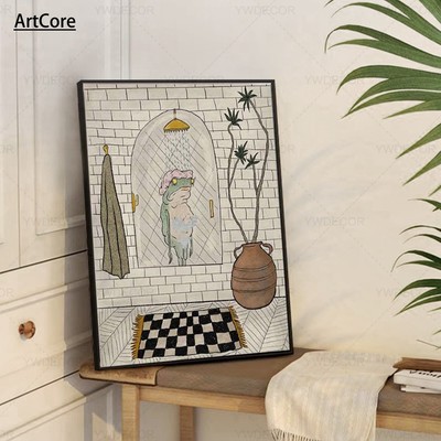 Cute Bathing Frog Poster Cartoon Animal Canvas Wall Art