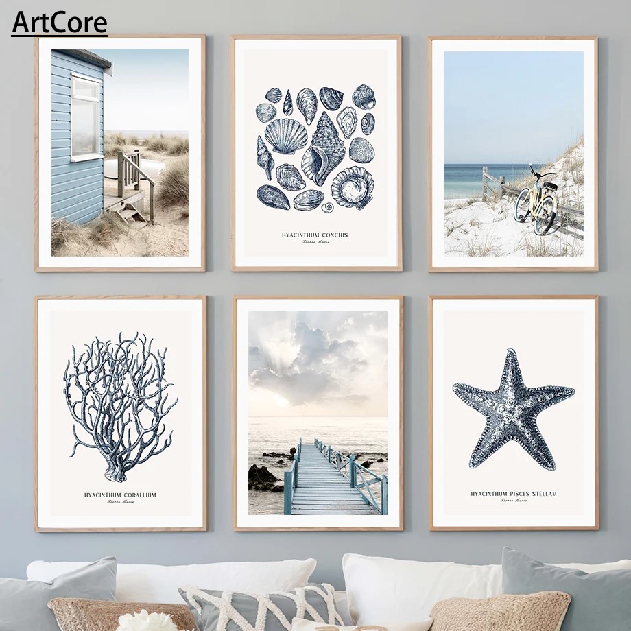 海滩小屋桥芦苇海星海螺海洋壁画