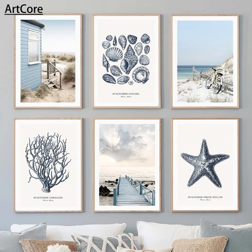 海滩小屋桥芦苇海星海螺海洋壁画