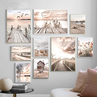 Beach Poster Wooden Sea Hay Canvas Bridge Flower Landscape