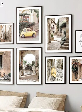 Mediterranean Vintage Town Car Plant Quote Landscape WallArt