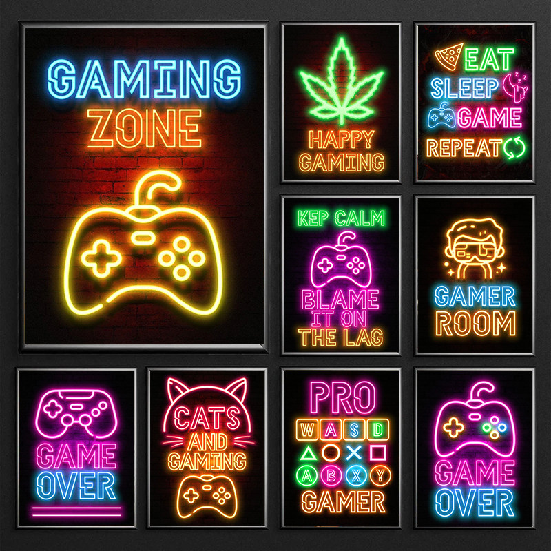 Neon Art Happy Gaming Zone Games Room Poster Painting Gamer