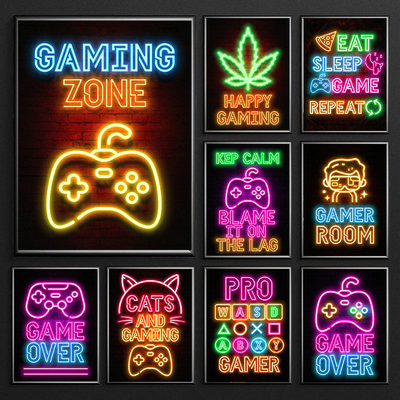 Neon Art Happy Gaming Zone Games Room Poster Painting Gamer