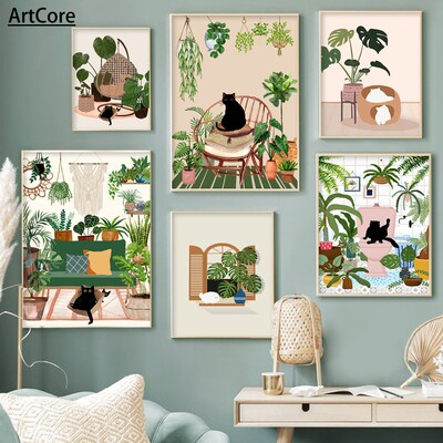 抽象绿植黑猫壁画油画美学海报