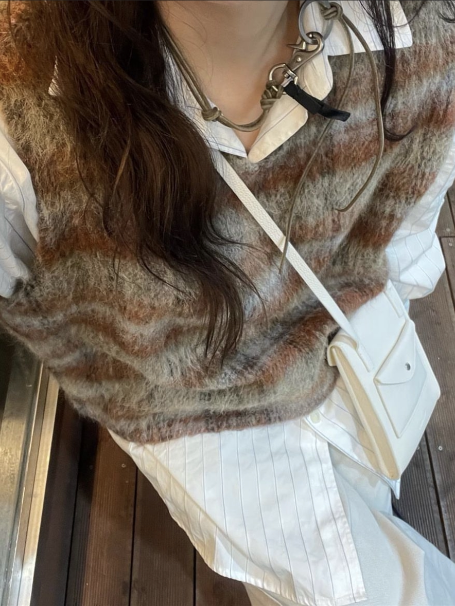 남성용 및 여성용 레거시 맞춤형 모헤어 스트라이프 체크 무늬 니트 반팔 울 혼방 조끼 재고 있음