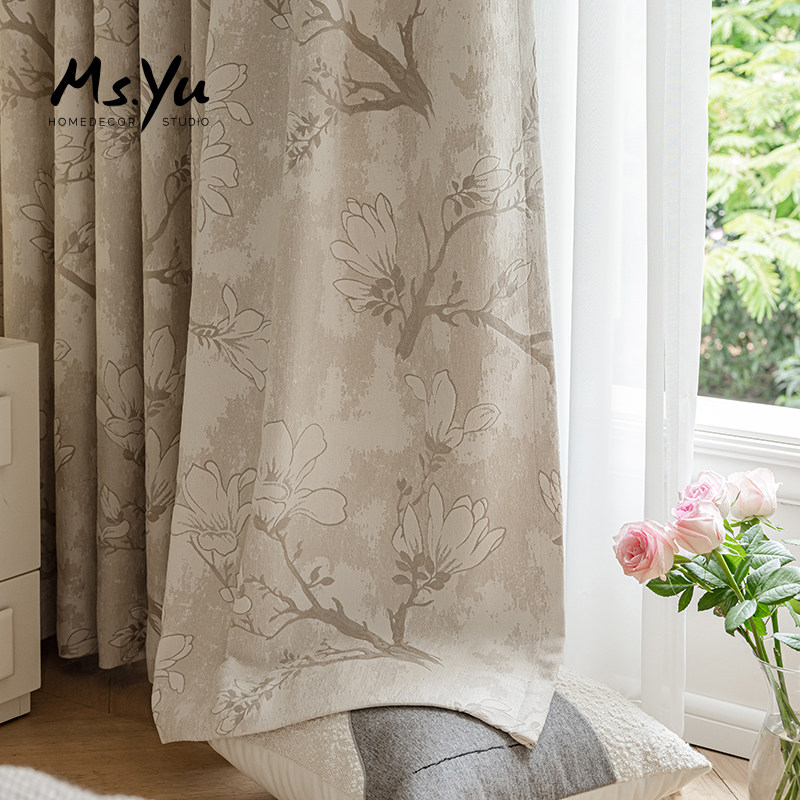 新款窗帘中古风双面玉兰花提花窗帘卧室绒布遮光帘 伊薇特喻小姐