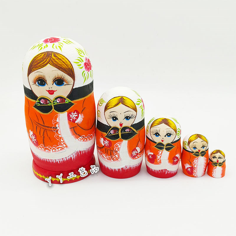 五层彩绘橙色姑娘俄罗斯套娃