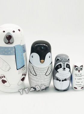 五层白熊俄罗斯套娃动物款圣诞生日礼物幼儿园教具木制工艺品摆饰
